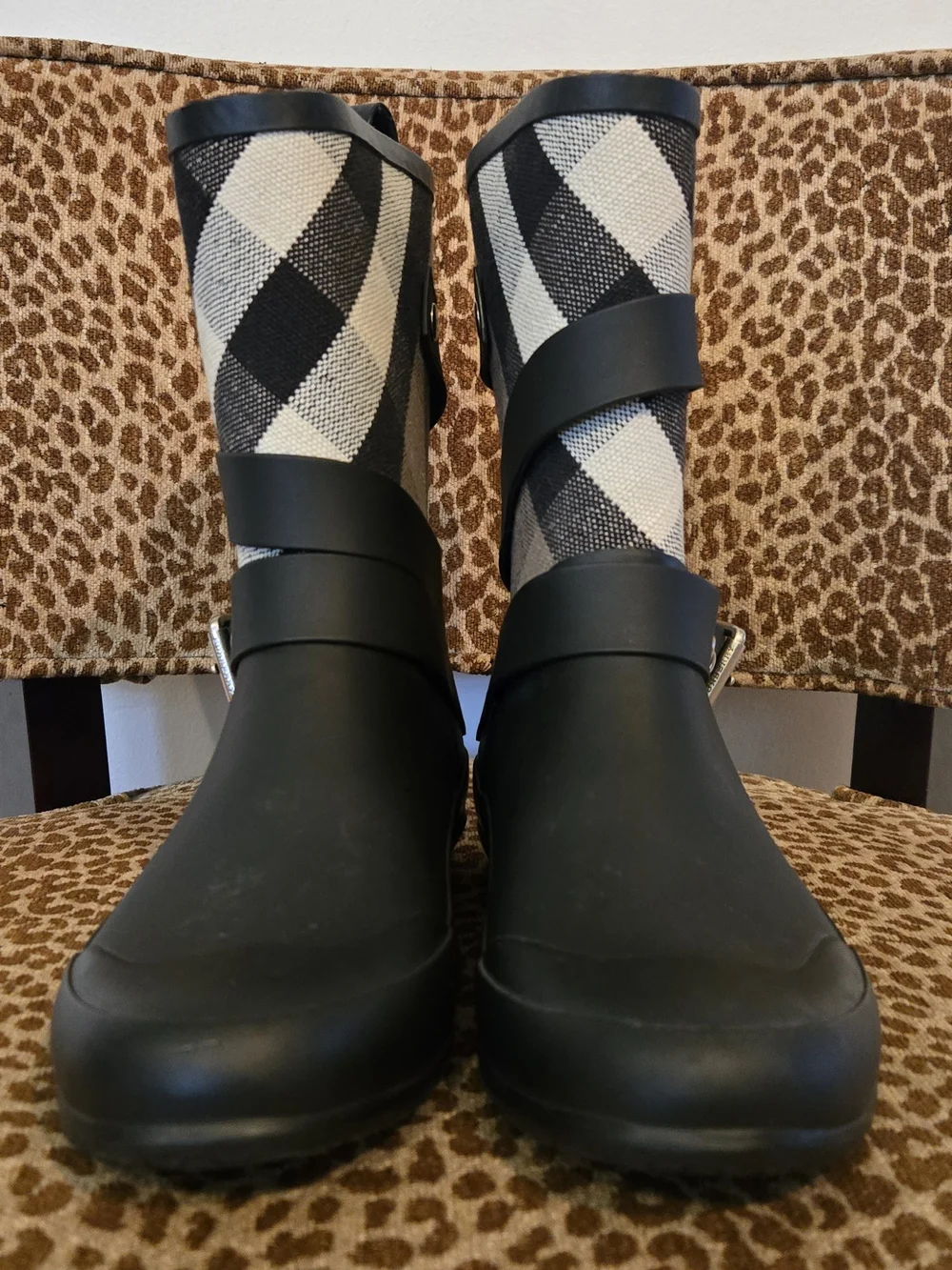 Burberry Hollow Nova Check Black and Beige Plaid Mid-Calf Rain Boots with Buckle
